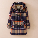 2015冬装小熊维尼专柜英伦风格子中长款牛角扣羊毛呢子大衣外套女