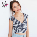 Haoduoyi2016夏装新款 欧美性感V领条纹交叉短款T恤上衣女短袖