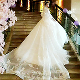 婚纱礼服2016新款长袖蕾丝新娘一字肩韩式齐地长拖尾婚纱高端定制