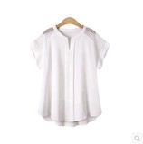 2016夏季新款韩版衬衫女士短袖打底衫女装立领蕾丝镂空雪纺衫上衣