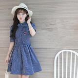 Cherrykoko2016夏季新款女装韩版甜美条纹复古衬衫裙短袖连衣裙粒
