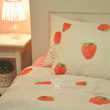 小清新宜家风田园红色草莓果子条纹床单床笠纯棉被套四件套
