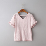 外贸工厂剪标夏季女装出口褶皱粉色V领宽松显瘦木耳边衬衫上衣潮