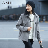 Amii女装旗舰店冬新款艾米翻领按扣宽松落肩短款纯色羊毛呢外套