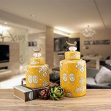 样板房软装配饰品 现代简约欧式客厅陶瓷 合金铜罐子有盖黄色摆件
