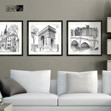 黑白风景画客厅三联装饰画饭厅挂画定制法国现代简约沙发背景墙画