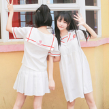 日系软妹夏季女装可爱海军领小清新宽松短袖连衣裙韩版学生中长裙