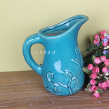 美式乡村·花瓶摆件 纯手工复古做旧冰裂色釉奶壶型陶瓷花瓶花器