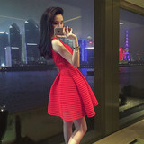 韩国代购2016夏季明星同款无袖蓬蓬裙中长款气质修身连衣裙女装潮