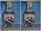 古董古玩老瓷器收藏 清代绿地粉彩青花花鸟纹竹节釉花瓶一对 包老