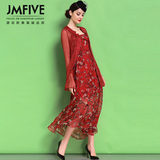 JMFIVE真丝连衣裙夏长裙春装新款2016欧洲站修身印花两件套装裙子
