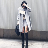 冬季新品女装圆领拼接气质A字型显瘦中长款灰色羊毛呢子大衣外套