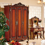 美式深色三开门衣柜 橡木衣1米4雕花描银 红棕色实木衣柜小美式