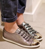 韩国代购女鞋15秋金属色银色系带内增高真皮平底跟金属头休闲单鞋