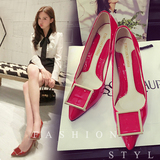 韩国代购新款粉色漆皮工作鞋单鞋细跟中跟浅口女鞋红色尖头高跟鞋