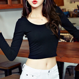 韩国黑色圆领长袖T恤女修身百搭短款套头上衣性感露脐短装春秋装