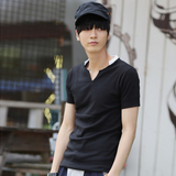 夏季男V领T恤短袖男青春学生韩版纯棉修身个性体恤衫时尚简约汗衫