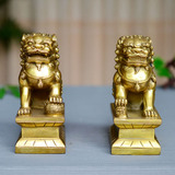 黄铜北京狮子王摆件一对 宫门狮家居风水摆设 招财红铜雄狮工艺品