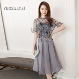 2016夏季新款韩版女士短袖高腰A字裙两件套装印花欧根纱连衣裙潮
