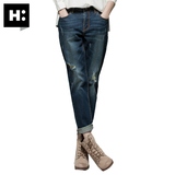 H:CONNECT韩版时尚女式磨白破洞休闲牛仔裤直筒长裤2016春季新款