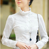 2016女士衬衣长袖春季新款韩版立领蕾丝白衬衫纯棉打底修身上衣潮