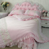 韩版家纺粉色细腻超柔短毛绒荷叶边 纯色珊瑚绒床上四件套 公主版