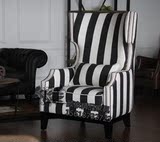 美式布艺沙发椅欧式新古典黑白条纹老虎椅酒店高靠背单人沙发椅
