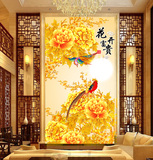 艺舍无缝壁画 中式 金色高端牡丹 花开富贵装饰壁纸 玄关背景墙纸
