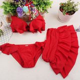 新款韩版泳衣比基尼 裙式红色分体钢托泳衣 时尚性感显廋游泳衣女