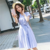 2016夏季新款韩版高腰V领蓝色条纹衬衫裙修身显瘦中长款连衣裙女