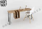 简约现代铁艺纯实松木家用个性创意学习写字台式办公电脑桌带书架