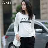 Amii极简女装 2016秋季新款修身趣味品牌印花套头长袖T恤女打底衫