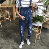 2016夏季韩版新款背带裤子牛仔裤男 修身款 破洞吊带裤直筒青年