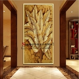 手绘油画 东南亚风格芭蕉叶 客厅玄关走廊过道装饰画 竖挂金箔画