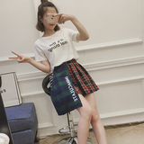 韩版女装新款修身字母印花纯棉短袖T恤女+不规则格子半身裙套装Jc