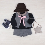 韩国品牌童装2015冬季新款女童羊羔绒蝴蝶结马甲+短裤套装超可爱