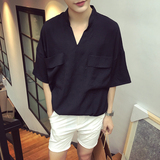 夏季男士大口袋V立领棉麻短袖衬衫男夜店韩版宽松蝙蝠袖亚麻衬衣