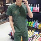中国风唐装男士短袖套装夏季棉麻V领t恤上衣亚麻盘扣青年中式汉服