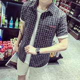 夏季日系黑白格子衬衫男士短袖衬衣韩版修身英伦潮流学生薄款大码