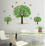 可移除客厅卧室电视沙发装饰贴纸清新田园绿树墙贴蝴蝶贴画三棵树
