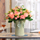 田园家居装饰品仿真花套装 欧式假花玫瑰花客厅餐桌摆件花瓶花艺