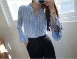 2016夏韩国订单 女人味百搭显瘦修身竖条纹喇叭袖衬衫衬衣上衣女