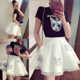 欧洲站时尚套装猫咪刺绣短袖T恤+欧根纱蓬蓬半身短裙两件套连衣裙