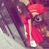 正品韩国代购2016韩版春夏新款红色连衣裙明星同款修身a字裙针织