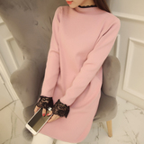 2016韩版春秋新款女装蕾丝领中长款毛衣针织衫纯色打底衫厚