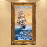 油画客厅装饰画欧式入门玄关过道走廊挂画简欧风景竖版帆船大海