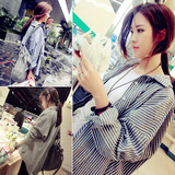 2016春季新款韩版风宽松条纹口袋棉质衬衫中长款长袖外套衬衣女