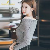 衬衣2016春秋装女装韩版修身性感上衣一字领露肩韩范显瘦格子衬衫