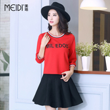2016春季女装新款 韩版宽松红色上衣 字母印花七分袖短款T恤上衣