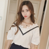 2016夏季女装韩版V领上衣 镂空蕾丝拼接领口短袖T恤衫女宽松显瘦
